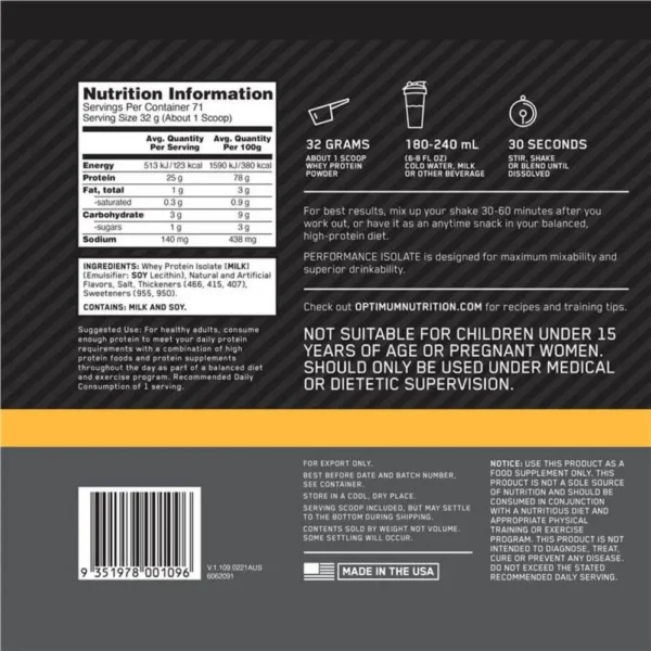ON Whey Isolate Protein Vanilla Softserve Flavor 71 Servings 2.27 kg Facts