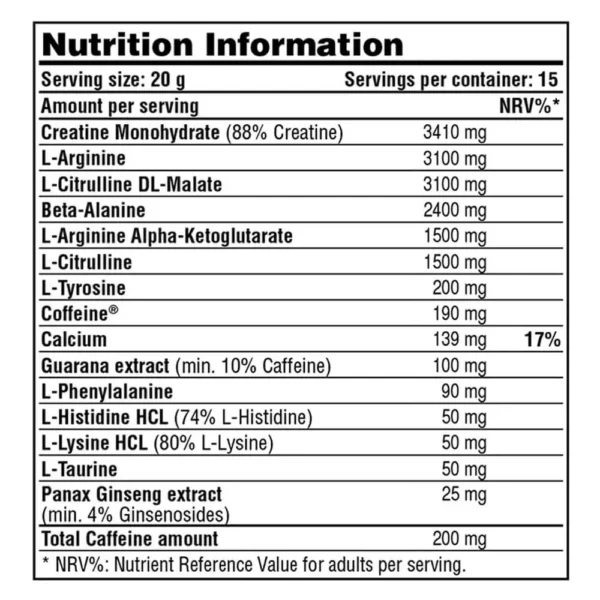 Galvanize DR NO Pre-Workout Pineapple Paradise 300g Facts