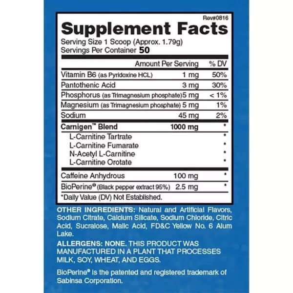 Evogen Carnigen Plus Caffeine Mango Lemonade 81g Facts