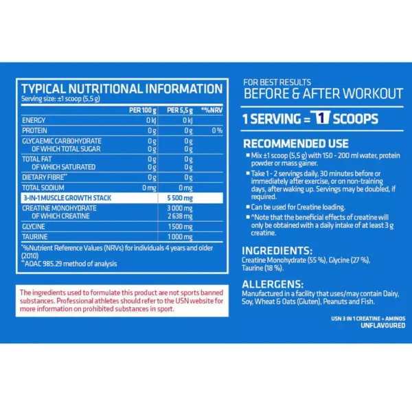 USN 3 in 1 Creatine + Aminos 36 Servings 200g Facts