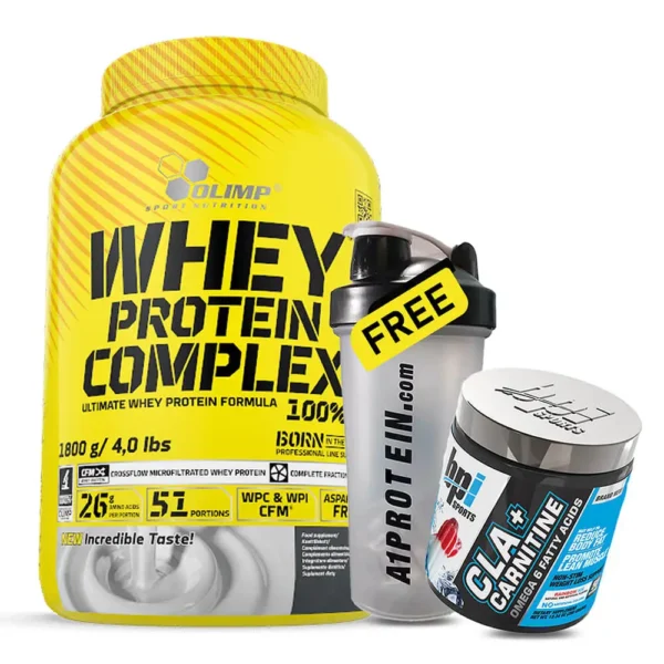 Olimp Whey Protein Complex 1800g with free BPI CLA+Carnitine, Shaker, Iwon Puffs