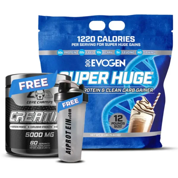 Evogen Super Huge Chocolate Shake 12Lb + Free Core Champ Creatine & Shaker